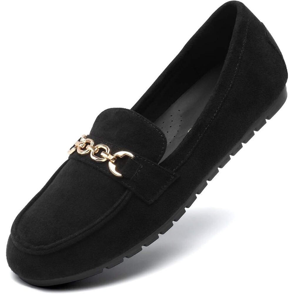 Dream Pairs Women Black-suede Faux Leather Lightweight Arch Support Slip On Flat